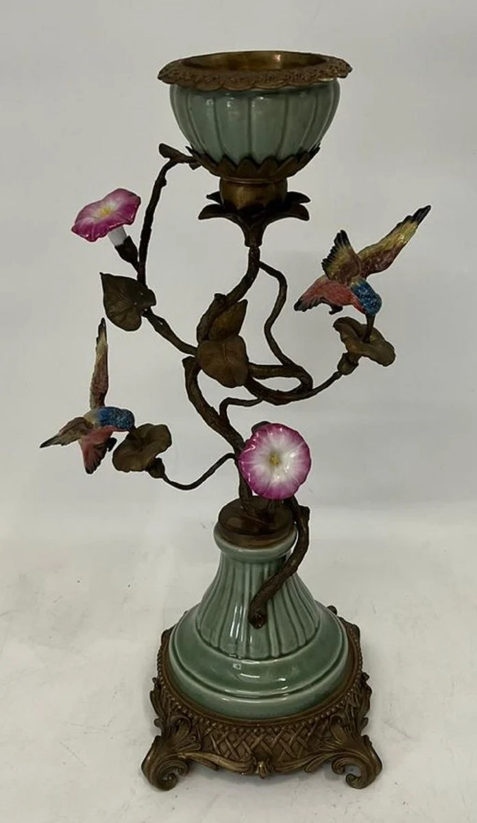 Casa Padrino Jugendstil Kerzenhalter mit dekorativen Blumen und Vögeln Mehrfarbig / Antik Messing H. 48 cm - Deko Accessoires im Barock & Jugendstil