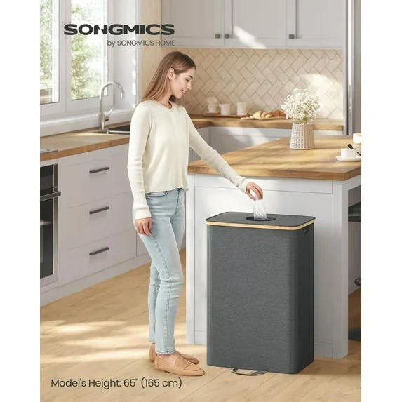 26 Gallon Recycling Bin for Kitchen, Bottle Recycling Container with Inner Bag & Collection Hole, Foldable Design for Metal Plastic Paper Glass, Slate Gray & Beige