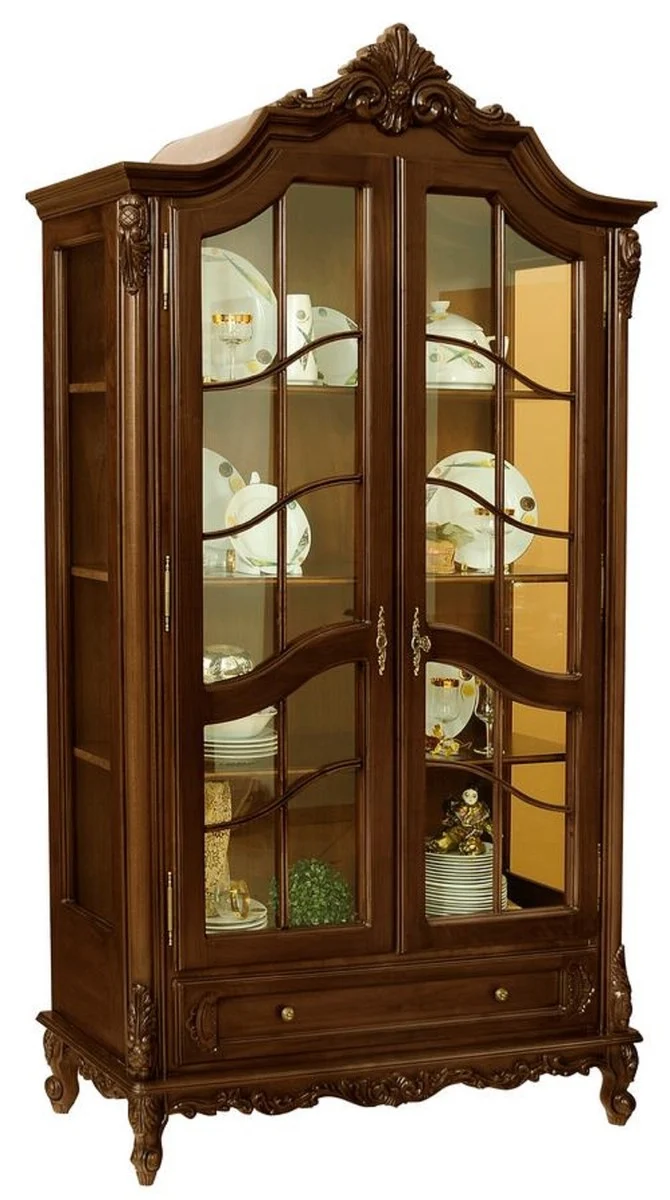 Casa Padrino Luxus Barock Vitrine Dunkelbraun - Prunkvoller Massivholz Vitrinenschrank mit 2 Glastüren und Schublade - Handgefertigte Barock Möbel - Edel & Prunkvoll