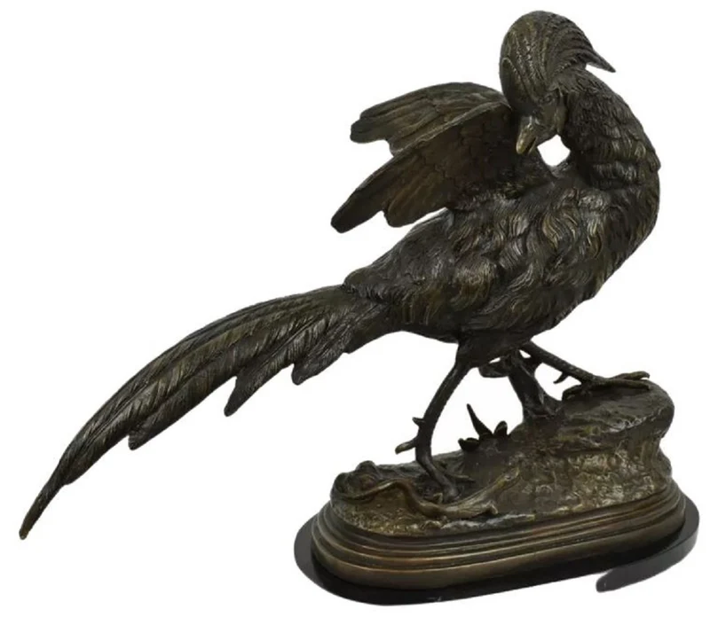 Casa Padrino Luxus Bronze Deko Skulptur Fasan Bronze / Schwarz 69 x 20 x H. 53 cm - Bronze Figur mit Marmorsockel - Deko Figur - Schreibtisch Deko - Deko Accessoires