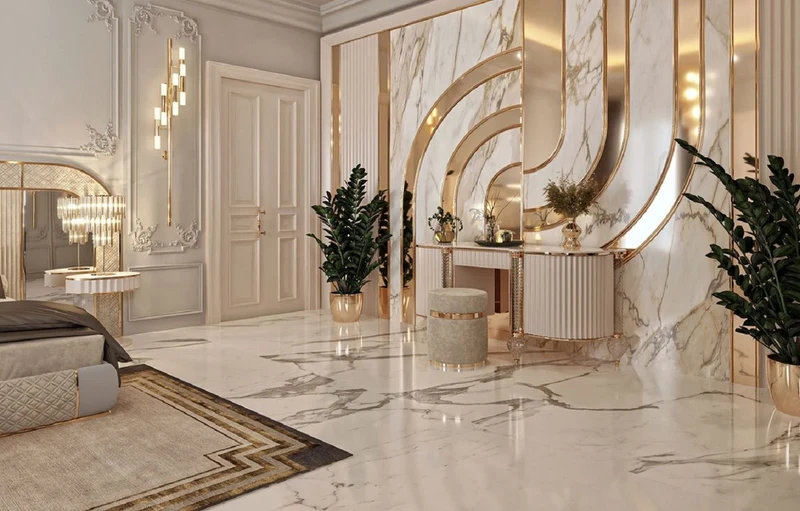 Casa Padrino Luxus Art Deco Schminkkommode Creme / Weiß / Gold 188 x 60 x H. 89 cm - Schminktisch mit Kunstmarmor Platte - Art Deco Schlafzimmer Möbel - Luxus Schlafzimmer Möbel