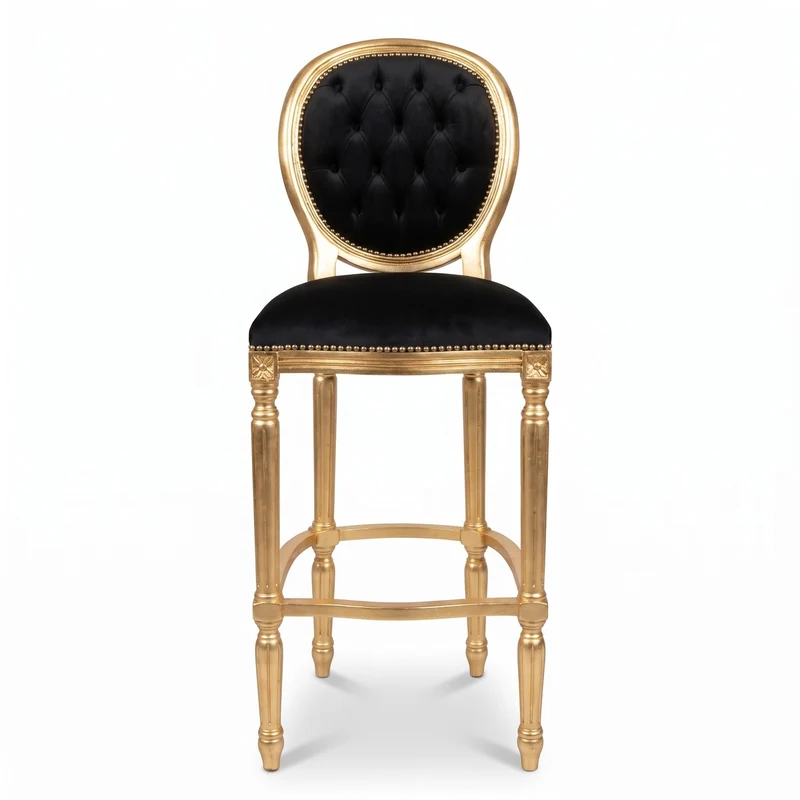 Casa Padrino Barock Barstuhl Schwarz / Gold - Prunkvoller Barockstil Massivholz Barhocker mit edlem Samtstoff - Barock Bar Möbel