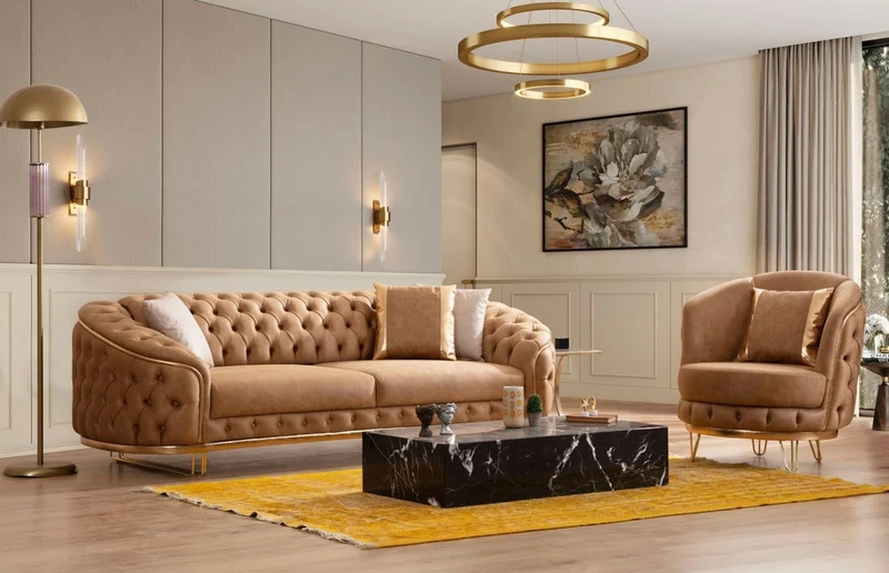 Casa Padrino Luxus Chesterfield Wohnzimmer Set Vintage Braun / Messing - 2 Luxus Chesterfield Sofas & 2 Luxus Chesterfield Sessel - Wohnzimmer Möbel - Luxus Möbel - Chesterfield Möbel