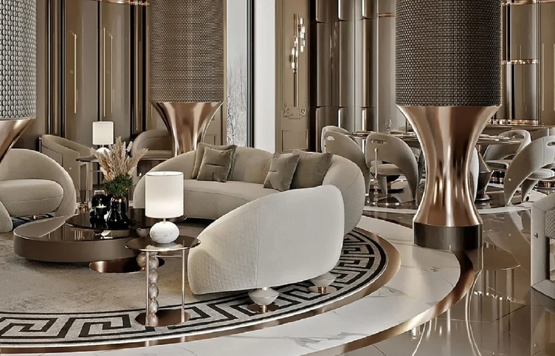 Casa Padrino Luxus Wohnzimmer Set Hellgrau / Kupfer / Schwarz - 2 Luxus Sofas & 2 Luxus Sessel & 1 Luxus Couchtisch & 2 Luxus Beistelltische - Wohnzimmer Möbel - Luxus Möbel