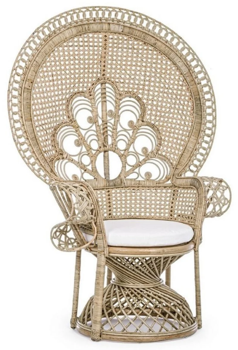 Casa Padrino Luxus Garten Sessel Naturfarben / Weiß 106 x 71 x H. 148 cm - Vintage Stil Rattan Sessel mit Sitzkissen - Vintage Stil Rattan Möbel - Garten & Terrassen Möbel