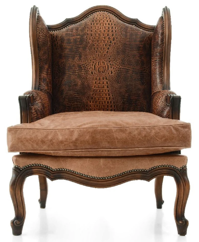 Casa Padrino Luxus Barock Leder Ohrensessel Braun - Handgefertigter Barockstil Wohnzimmer Echtleder Sessel - Luxus Wohnzimmer Möbel im Barockstil - Barock Leder Möbel - Edel & Prunkvoll