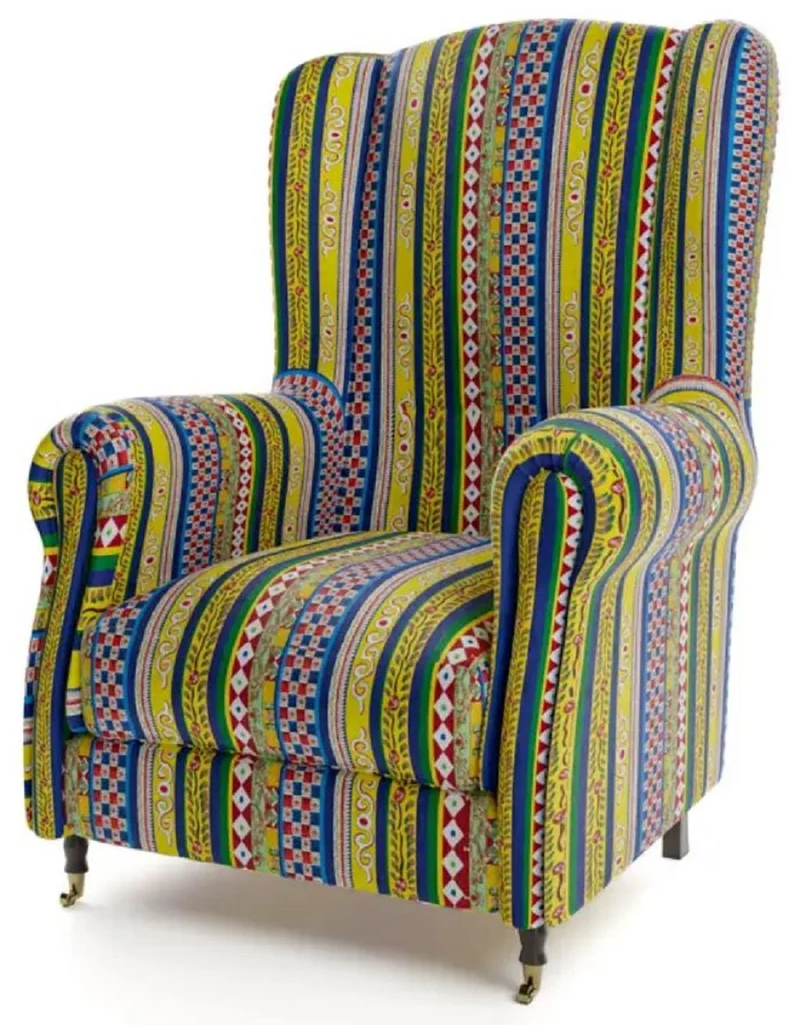 Casa Padrino Luxus Samt Sessel mit Streifen Mehrfarbig / Schwarz / Messing 82 x 93 x H. 101 cm - Wohnzimmer Sessel - Hotel Sessel - Wohnzimmer Möbel - Hotel Möbel - Luxus Möbel - Luxus Einrichtung