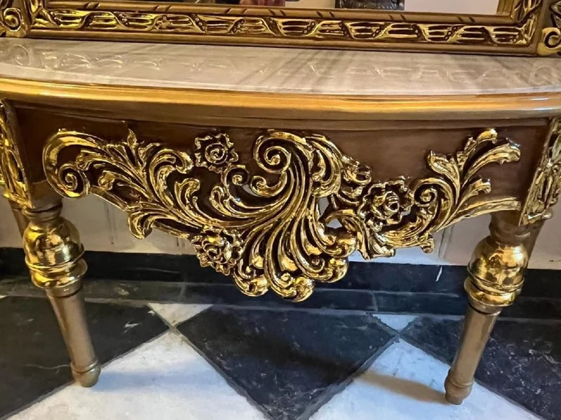 Casa Padrino Barock Spiegelkonsole mit Marmorplatte Gold / Grau - Prunkvolle Barock Konsole mit Spiegel - Garderoben Möbel Barockstil - Barock Möbel - Edel & Prunkvoll