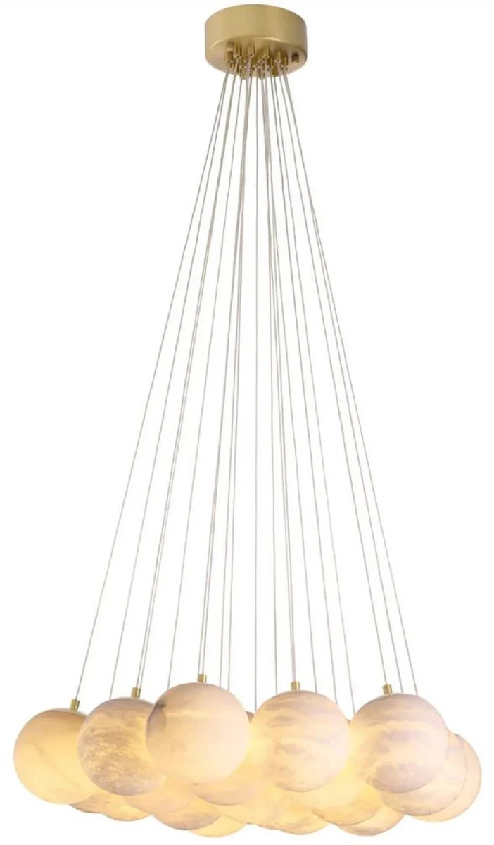 Casa Padrino Luxus Kronleuchter Alabaster / Antik Messing Ø 75 x H. 170 cm - Wohnzimmer Kronleuchter mit Alabaster Lampenschirmen - Luxus Qualität