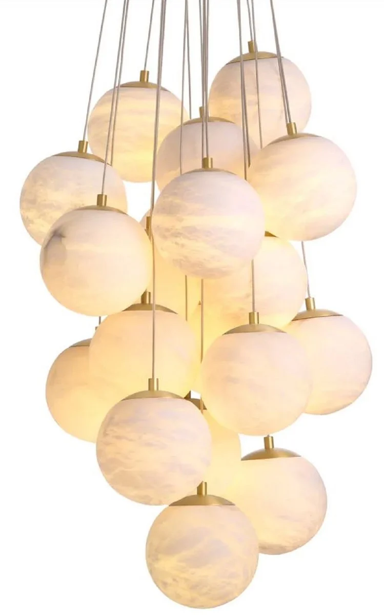 Casa Padrino Luxus Kronleuchter Alabaster / Antik Messing Ø 75 x H. 170 cm - Wohnzimmer Kronleuchter mit Alabaster Lampenschirmen - Luxus Qualität