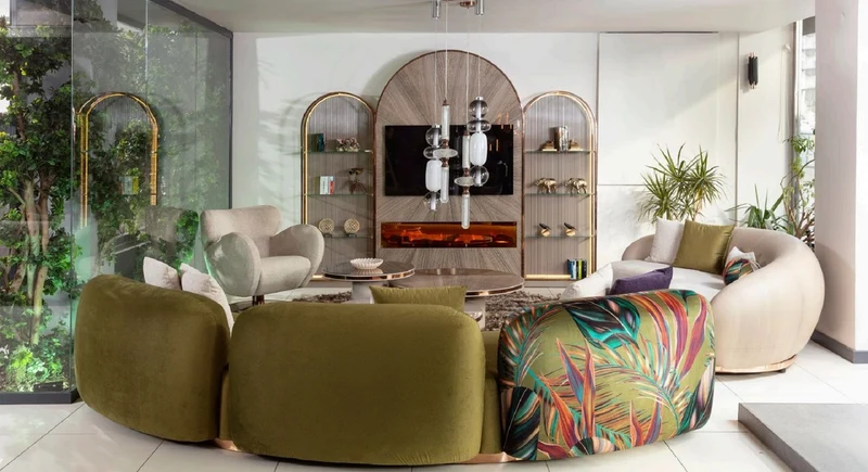 Casa Padrino Luxus Sofa Grün / Mehrfarbig / Kupfer 330 x 110 x H. 70 cm - Gebogenes Wohnzimmer Sofa - Hotel Sofa - Wohnzimmer Möbel - Hotel Möbel - Luxus Möbel - Luxus Einrichtung