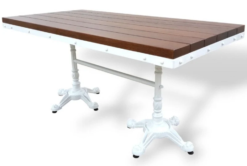 Casa Padrino Industrie Stil Garten Esstisch Dunkelbraun / Weiß 140 x 80 x H. 76 cm - Rechteckiger Gartentisch mit Massivholz Tischplatte - Industrie Stil Gastronomie & Garten Möbel