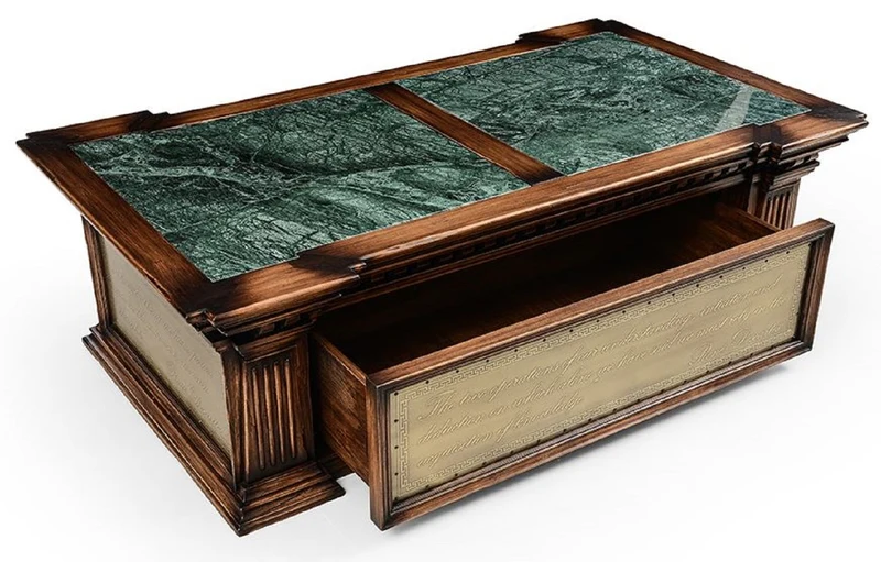 Casa Padrino Luxus Vintage Stil Couchtisch Braun / Grün / Messing 156 x 89,5 x H. 48 cm - Rechteckiger Massivholz Wohnzimmertisch mit Schublade - Luxus Vintage Stil Wohnzimmer Möbel