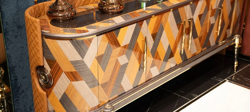 Casa Padrino Luxus Art Deco Möbel Set Mehrfarbig / Braun / Grau / Gold - 1 Luxus Art Deco Sideboard mit 4 Türen & 1 Luxus Art Deco Spiegel - Luxus Art Deco Möbel