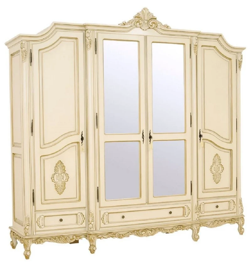 Casa Padrino Luxus Barock Schlafzimmerschrank Creme / Beige - Prunkvoller Massivholz Schrank mit 4 Türen und 3 Schubladen - Barock Kleiderschrank - Barock Schlafzimmer Möbel