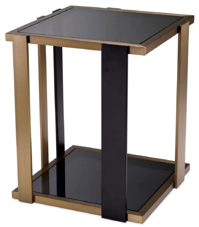 Casa Padrino Luxus Beistelltisch Messing / Schwarz / Grau 47,5 x 47,5 x H. 55,5 cm - Quadratischer Tisch mit Glasplatten - Wohnzimmer Möbel - Luxus Möbel - Luxus Qualität