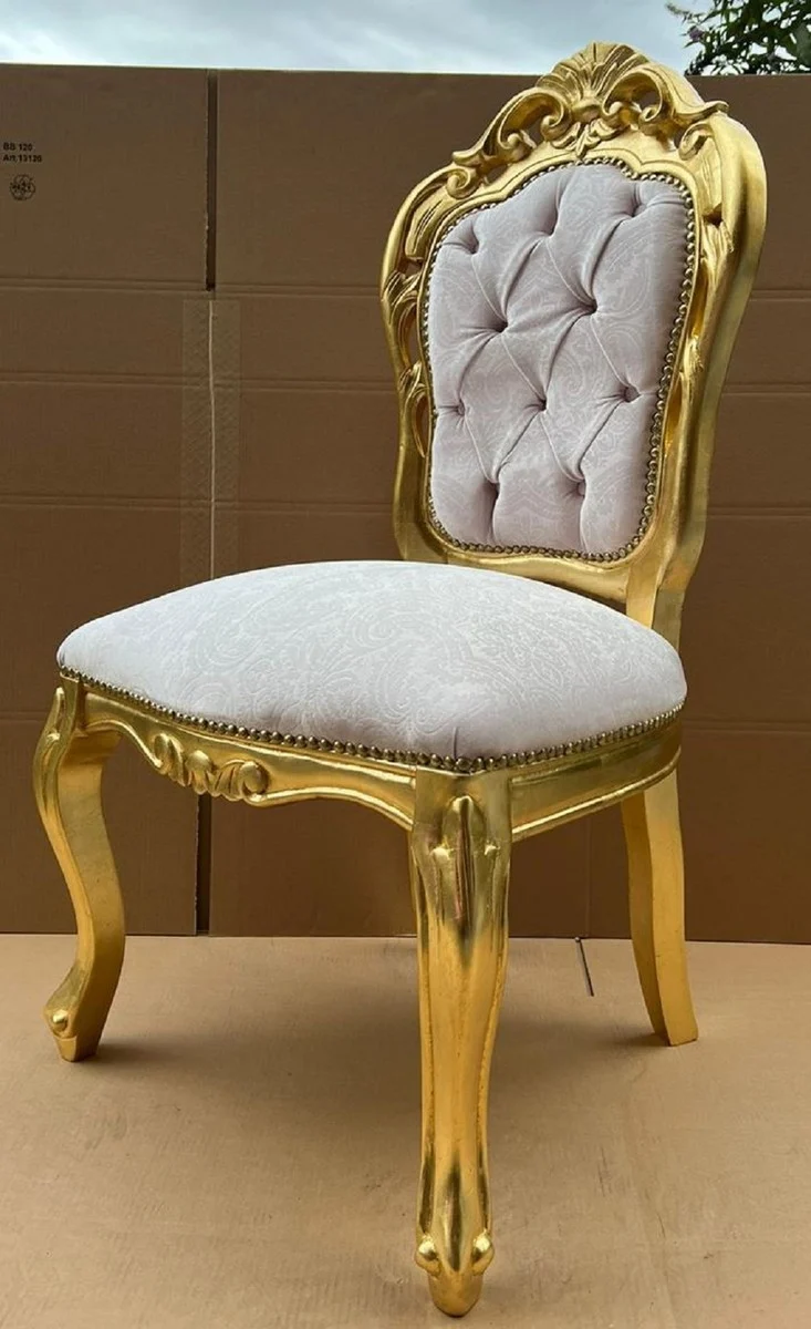 Casa Padrino Luxus Barock Esszimmer Stuhl Grau / Gold - Handgefertigter Barockstil Stuhl mit Muster - Esszimmer Möbel im Barockstil - Barock Möbel