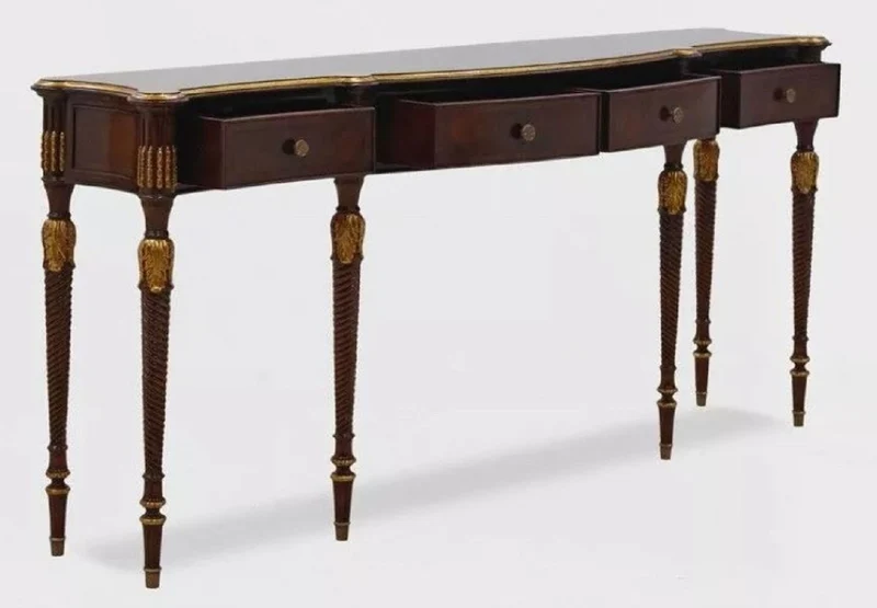 Casa Padrino Luxus Barock Konsole Dunkelbraun / Antik Gold - Handgefertigter Massivholz Konsolentisch mit 4 Schubladen - Luxus Wohnzimmer Möbel im Barockstil - Barock Möbel - Barock Einrichtung
