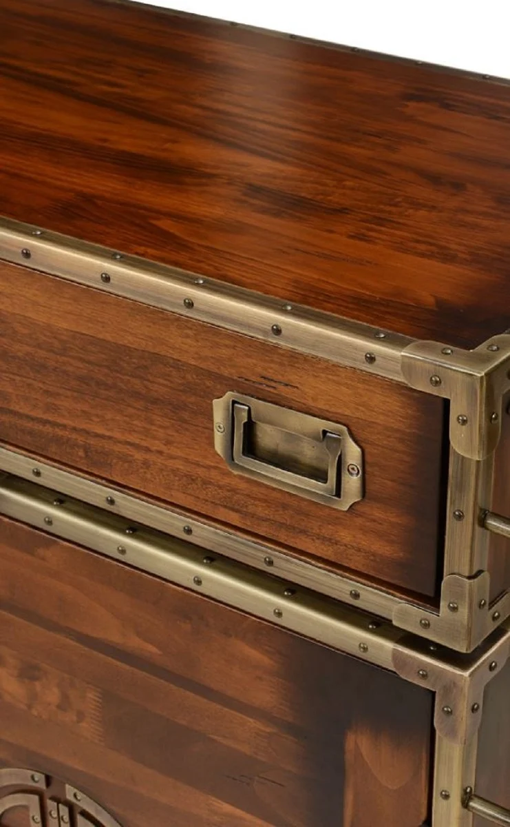 Casa Padrino Luxus Vintage Stil Sideboard mit 3 Schubladen und 3 Türen Braun / Messing 200 x 45 x H. 112,5 cm - Vintage Stil Schrank - Massivholz Möbel - Vintage Stil Möbel - Luxus Möbel