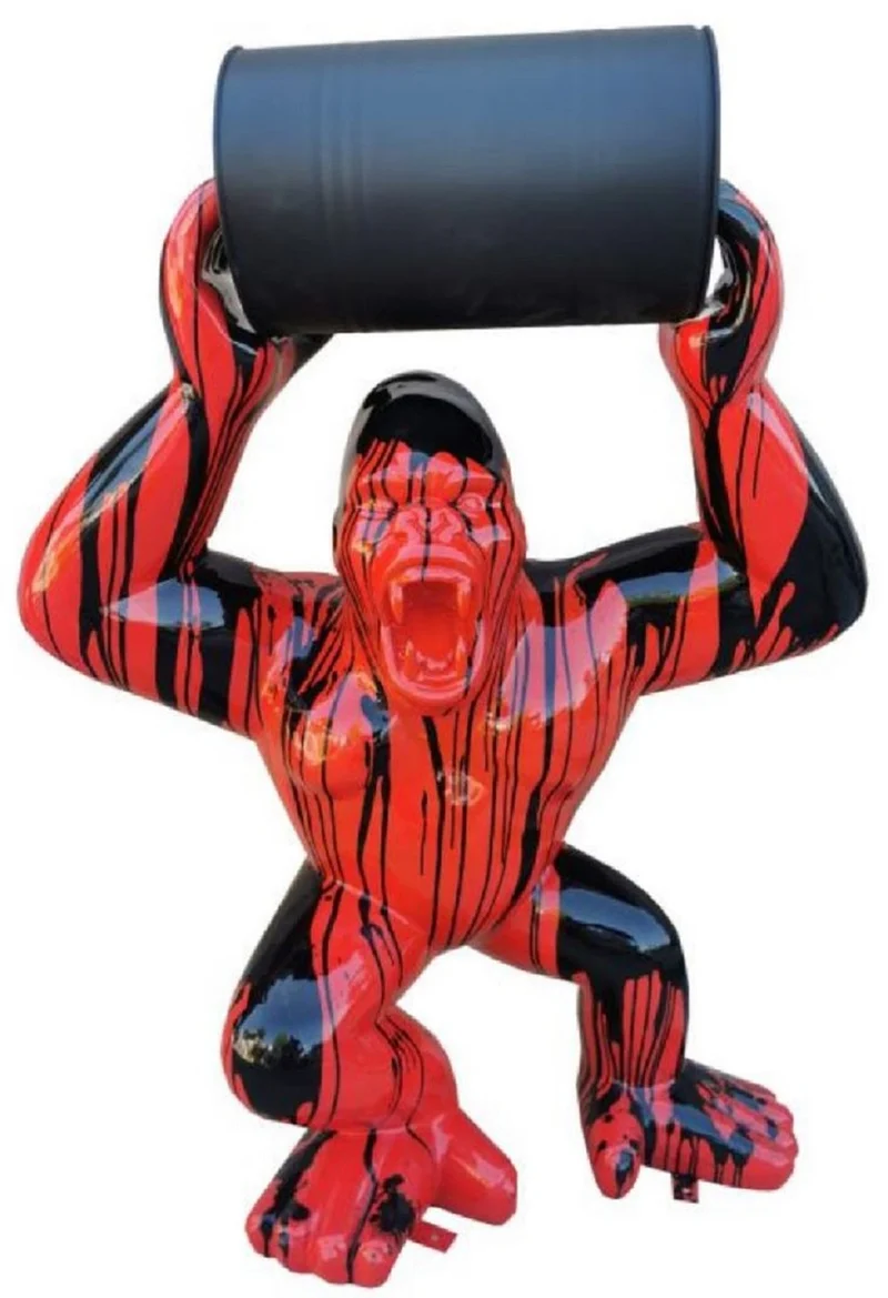 Casa Padrino Luxus Deko Skulptur Gorilla Affe mit Fass Rot / Schwarz H. 250 cm - Große Deko Figur