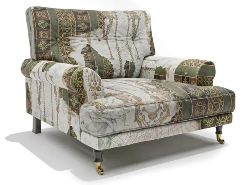 Casa Padrino Luxus Samt Sessel Grün / Mehrfarbig / Schwarz / Messing 105 x 95 x H. 90 cm - Wohnzimmer Sessel - Hotel Sessel - Wohnzimmer Möbel - Hotel Möbel - Luxus Möbel - Luxus Einrichtung