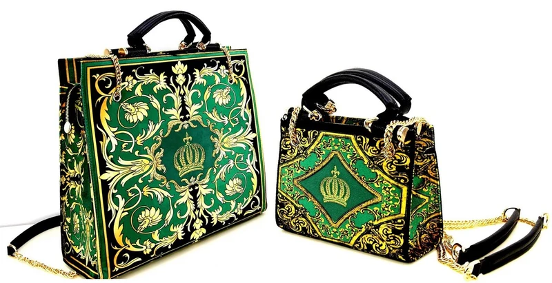 Pompöös by Casa Padrino Damen Luxus Handtaschen Set Baroque Flowers mit Krone und Strass Steine Grün / Schwarz / Gold - Pompööse Damen Handtaschen designed by Harald Glööckler