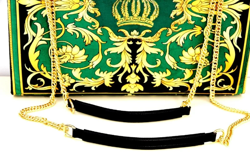 Pompöös by Casa Padrino Damen Luxus Handtaschen Set Baroque Flowers mit Krone und Strass Steine Grün / Schwarz / Gold - Pompööse Damen Handtaschen designed by Harald Glööckler