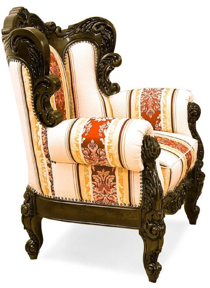 Casa Padrino Luxus Barock Sessel mit Streifen Creme / Gelb / Rot / Dunkelbraun - Gestreifter Wohnzimmer Sessel im Barockstil - Barock Wohnzimmer Möbel - Edel & Prunkvoll