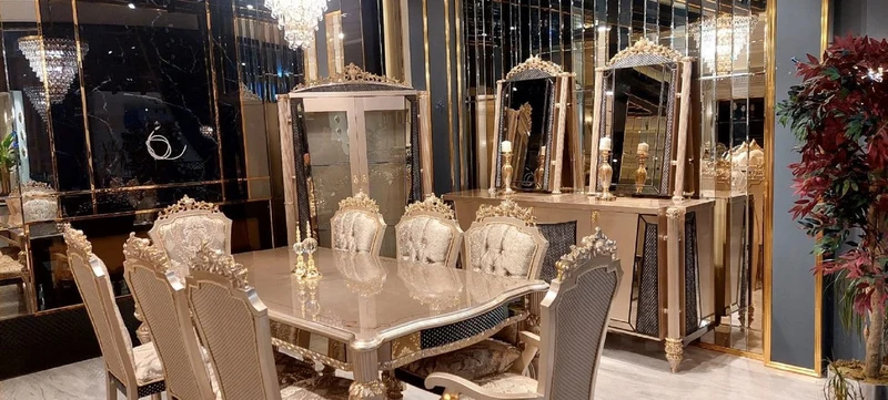 Casa Padrino Luxus Barock Esszimmer Set Grau / Schwarz / Gold - 1 Barock Esstisch & 8 Barock Esszimmerstühle - Luxus Esszimmer Möbel im Barockstil - Prunkvolle Barock Esszimmer Möbel