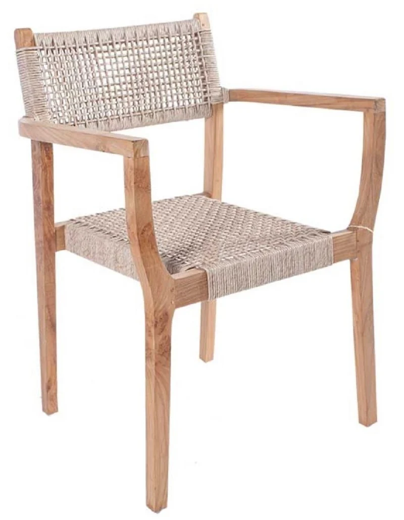Casa Padrino Luxus Esszimmer Stuhl mit Armlehnen Naturfarben 60 x 50 x H. 85 cm - Luxus Massivholz Garten Stuhl mit Rattangeflecht - Esszimmer Möbel - Garten Möbel