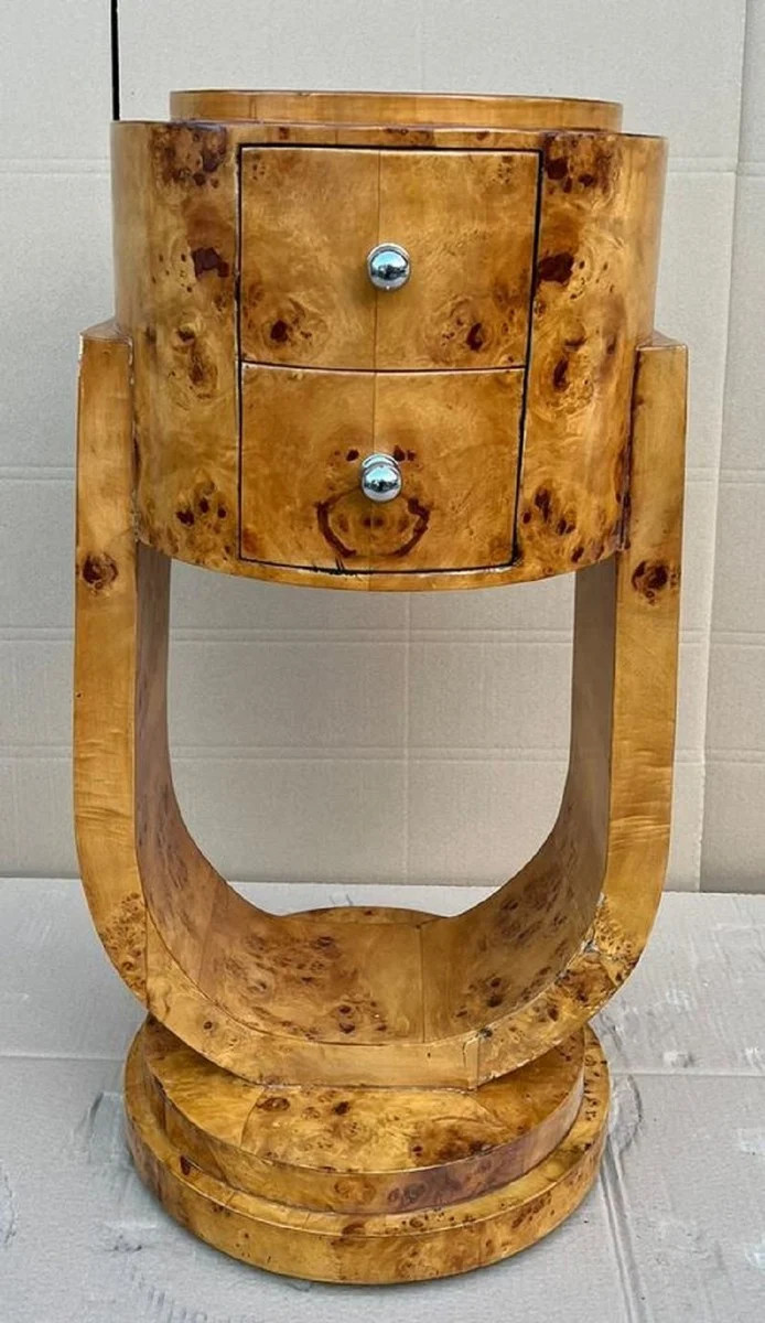 Casa Padrino Art Deco Kommode Vogelaugen Ahorn - Runde Massivholz Nachtkommode - Beistelltisch mit 2 Schubladen - Handgefertigte Art Deco Möbel