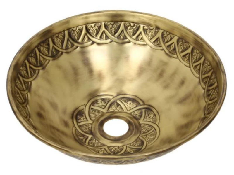 Casa Padrino Luxus Jugendstil Waschbecken Schale Antik Gelbgold Ø 41,5 x H. 15,5 cm - Rundes Retro Messing Waschbecken - Badezimmer Accessoires - Luxus Jugendstil Badezimmer Zubehör