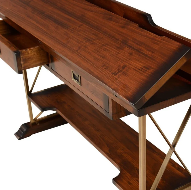 Casa Padrino Luxus Vintage Stil Konsole Braun / Messing 140 x 40 x H. 89 cm - Massivholz Konsolentisch mit 2 Schubladen - Massivholz Möbel - Vintage Stil Möbel - Luxus Möbel