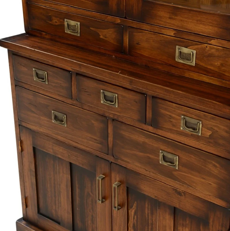 Casa Padrino Luxus Vintage Stil Vitrine Braun / Messing 102,5 x 46 x H. 198 cm - Massivholz Vitrinenschrank mit 4 Türen und 7 Schubladen - Massivholz Möbel - Vintage Stil Möbel - Luxus Möbel
