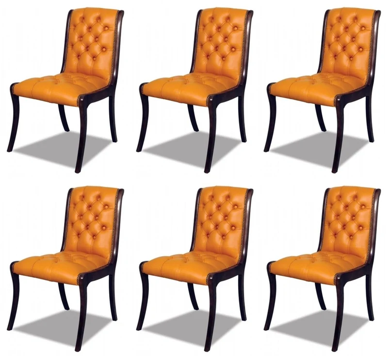 Casa Padrino Luxus Chesterfield Leder Esszimmer Stuhl 6er Set Orange / Dunkelbraun 50 x 47 x H. 95 cm - Chesterfield Echtleder Küchenstühle - Chesterfield Möbel - Leder Möbel - Luxus Möbel