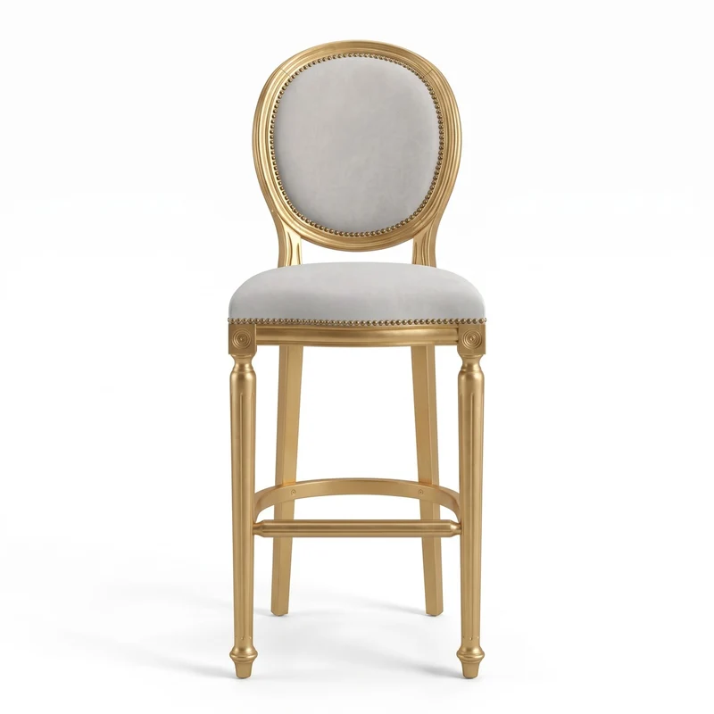 Casa Padrino Barock Barstuhl Hellgrau / Gold - Handgefertigter Massivholz Barhocker mit edlem Samtstoff - Barock Bar Möbel - Edel & Prunkvoll