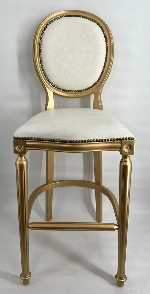 Casa Padrino Barock Barstuhl Hellgrau / Gold - Handgefertigter Massivholz Barhocker mit edlem Samtstoff - Barock Bar Möbel - Edel & Prunkvoll