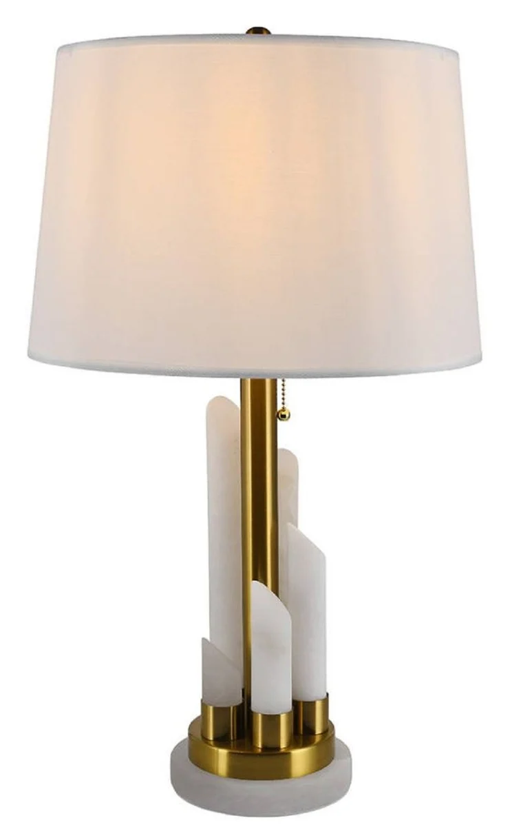 Casa Padrino Luxus Marmor Tischleuchte Weiß / Gold Ø 38 x H. 68,5 cm - Runde Marmor Schreibtischleuchte mit Lampenschirm - Luxus Marmor Leuchten