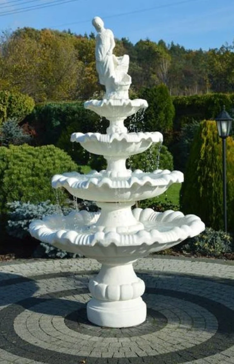 Casa Padrino Barock Springbrunnen Dame Weiß Ø 135 x H. 187 cm - Prunkvoller Gartenbrunnen im Barockstil - Runder Gartendeko Stein Brunnen - Barock Garten Deko Accessoires