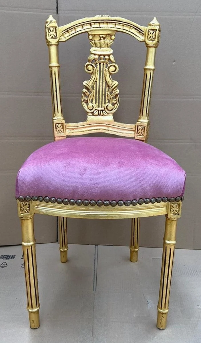 Casa Padrino Barock Damen Stuhl Rosa / Gold - Handgefertigter Antik Stil Schminktisch Stuhl - Schlafzimmer Möbel im Barockstil - Barock Möbel
