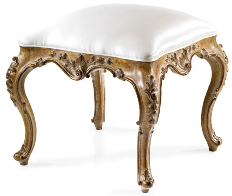 Casa Padrino Luxus Barock Leder Hocker Weiß / Braun - Handgefertigter Barockstil Sitzhocker mit hochwertigem Echtleder - Barock Möbel - Edel & Prunkvoll - Luxus Qualität - Made in Italy