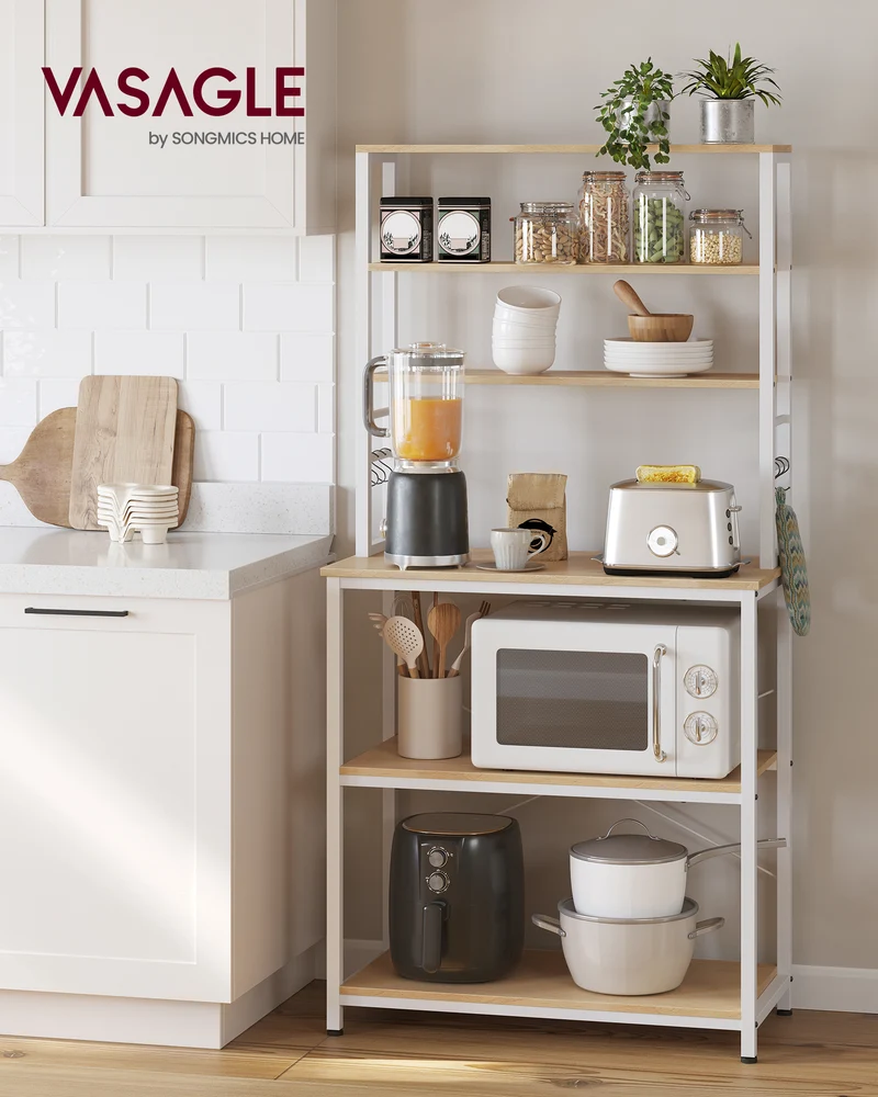Coffee Bar, 31.5 Inches Bakers Rack for Kitchen with Storage, 6-Tier Kitchen Shelves with 6 Hooks, Microwave Stand, Industrial, Oak Colour and White