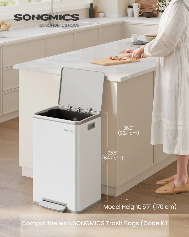 13-Gallon Stainless Steel Trash Bin with Soft-Close Lid & Removable Inner Bucket – Includes 15 Liners, Easy-Grip Handles, Cloud White