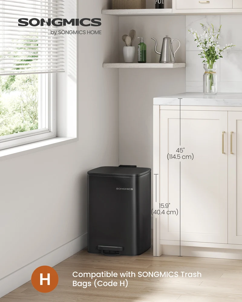 5.2-Gallon Trash Can, Trash Bin, Stainless Steel Kitchen Garbage Can, with Inner Bucket, Soft Close and Stays Open, Ink Black