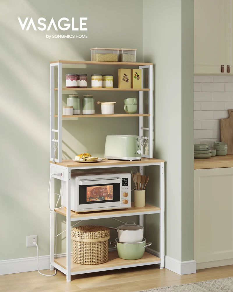Golden Oak & White Bakers Rack - 31.5 - Inch Coffee Bar with Power Outlet. 6 - Tier Kitchen Shelves with 6 Hooks, Perfect as Microwave Stand