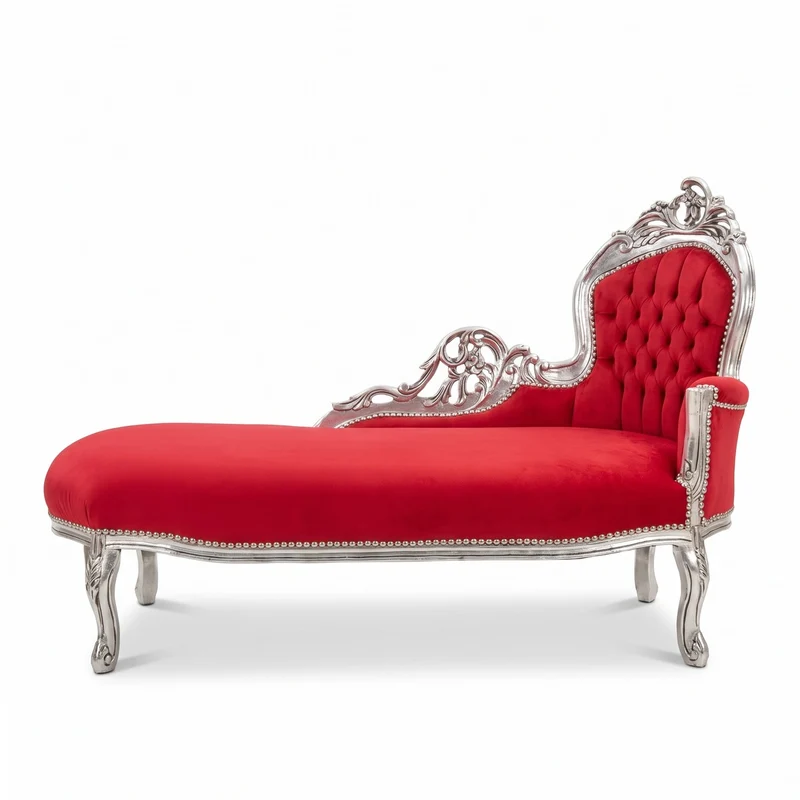 Casa Padrino Barock Chaiselongue Rechte Seite Rot / Silber - Handgefertigte Massivholz Recamiere - Barock Wohnzimmer Möbel - Edel & Prunkvoll