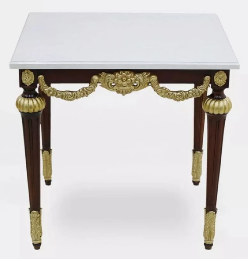 Casa Padrino Luxus Barock Beistelltisch mit Marmorplatte Weiß / Dunkelbraun / Gold - Rechteckger Massivholz Tisch im Barockstil - Barock Möbel - Edel & Prunkvoll
