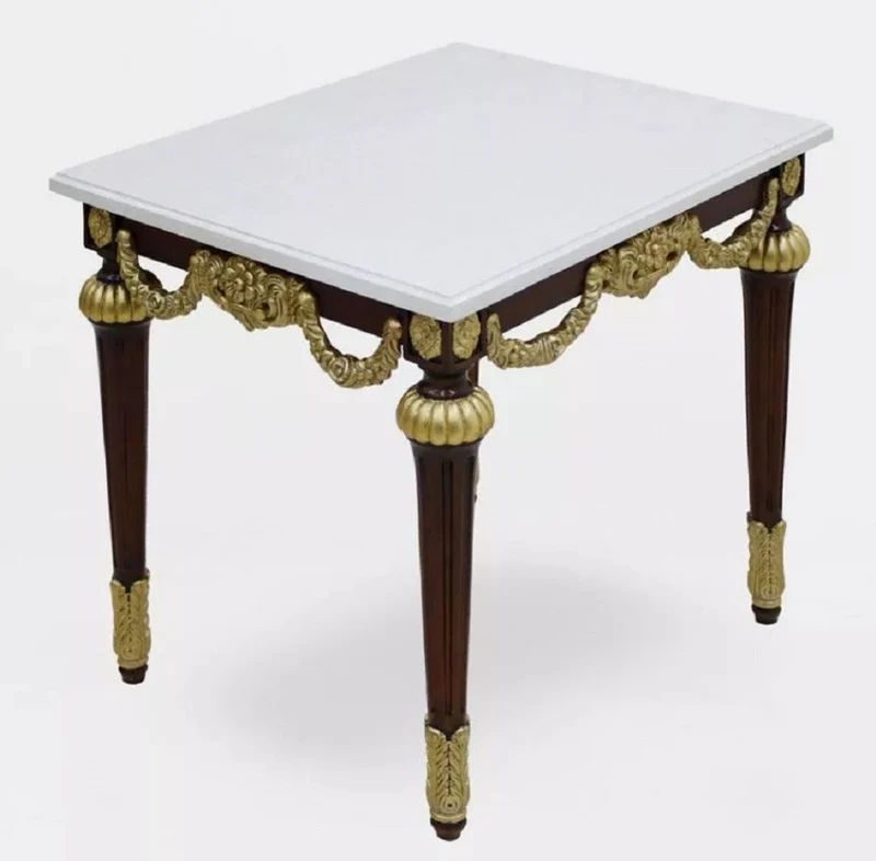 Casa Padrino Luxus Barock Beistelltisch mit Marmorplatte Weiß / Dunkelbraun / Gold - Rechteckger Massivholz Tisch im Barockstil - Barock Möbel - Edel & Prunkvoll