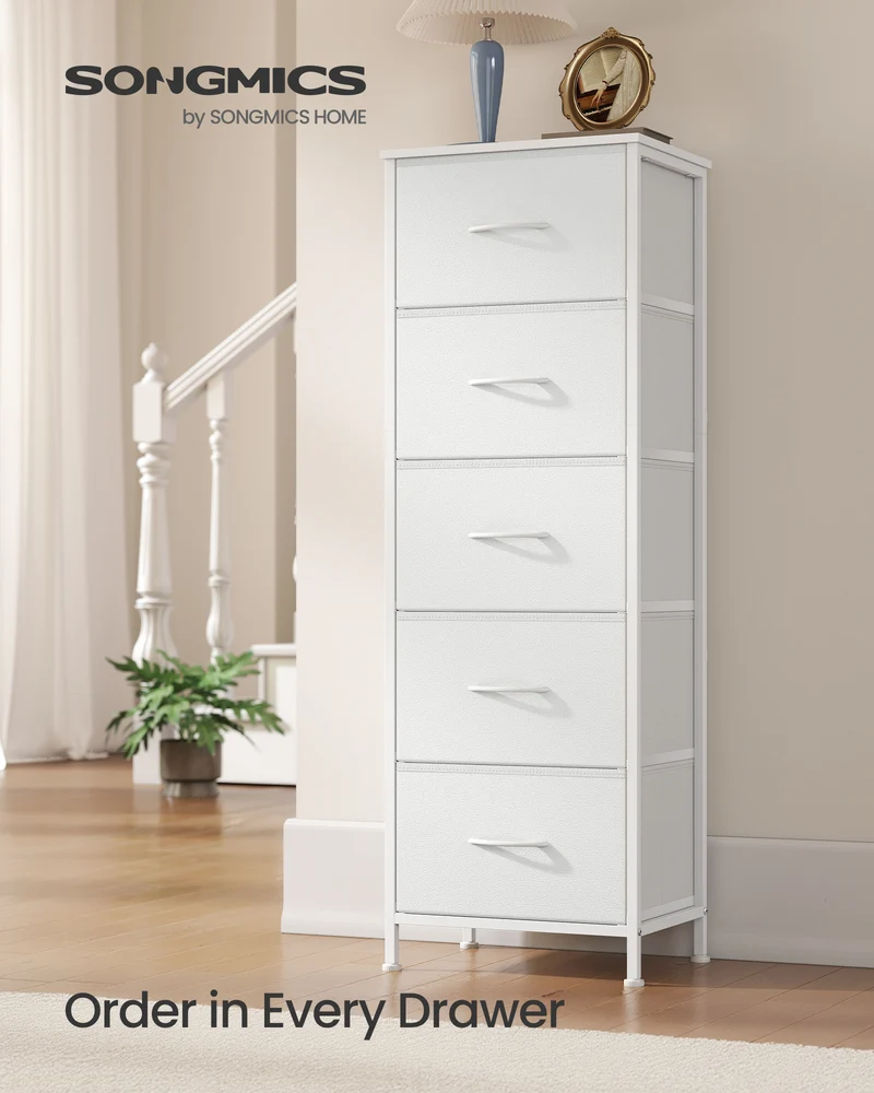 5-Drawer Fabric Dresser with Steel Frame, 66 lb Top Load Storage Organizer for Bedroom Closet, Cloud White