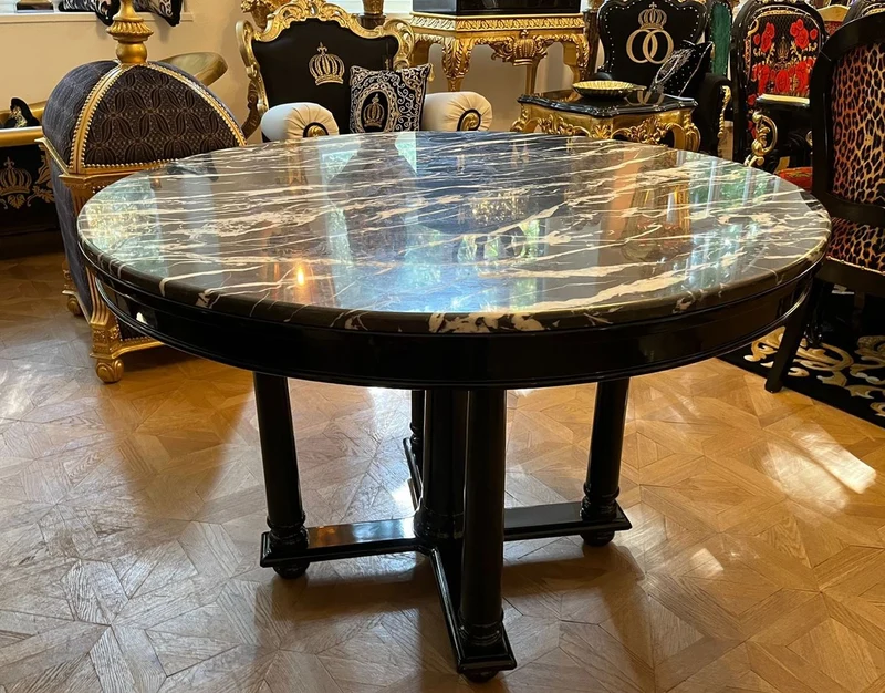 Casa Padrino Luxus Esstisch Schwarz Ø 120 x H. 80 cm - Runder Massivholz Küchentisch mit Marmorplatte - Esszimmer Möbel - Luxus Möbel